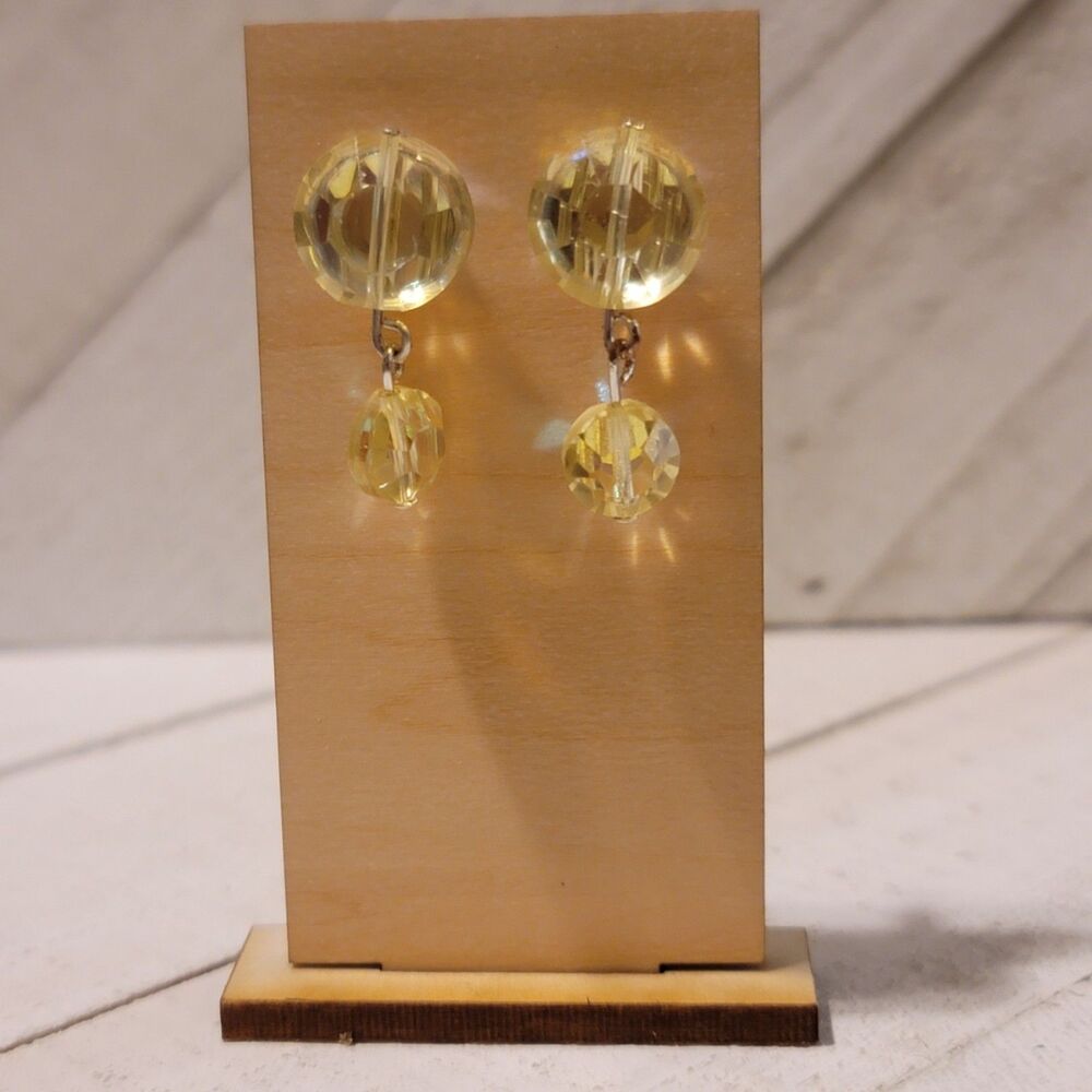 Yellow Aurora Borealis Drop Earrings - Vintage Faceted Bead Dangle Jewelry